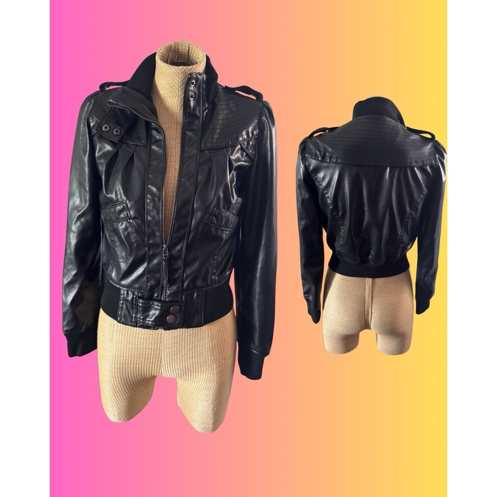 VTG Y2K Miley Cyrus Max Azria Black Bomber Medium  Small Vegan Leather Jacket